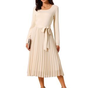 Women's Pleated Dress A Line Flowy Casual Long Sleeve Midi Dress w Belt Apricot